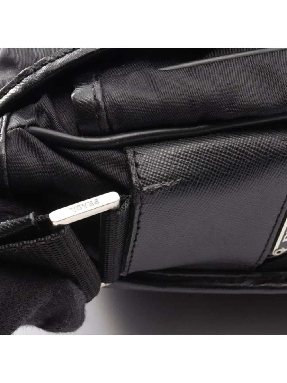 Prada Shoulder Bag to Line Guru Logo Black Nylon Saffiano Leather to
